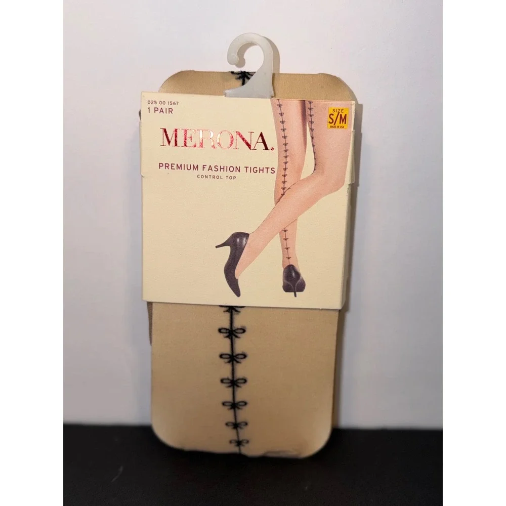 Merona Premium Fashion Tights Nude Black Backseam Bow Control Top S/M NEW